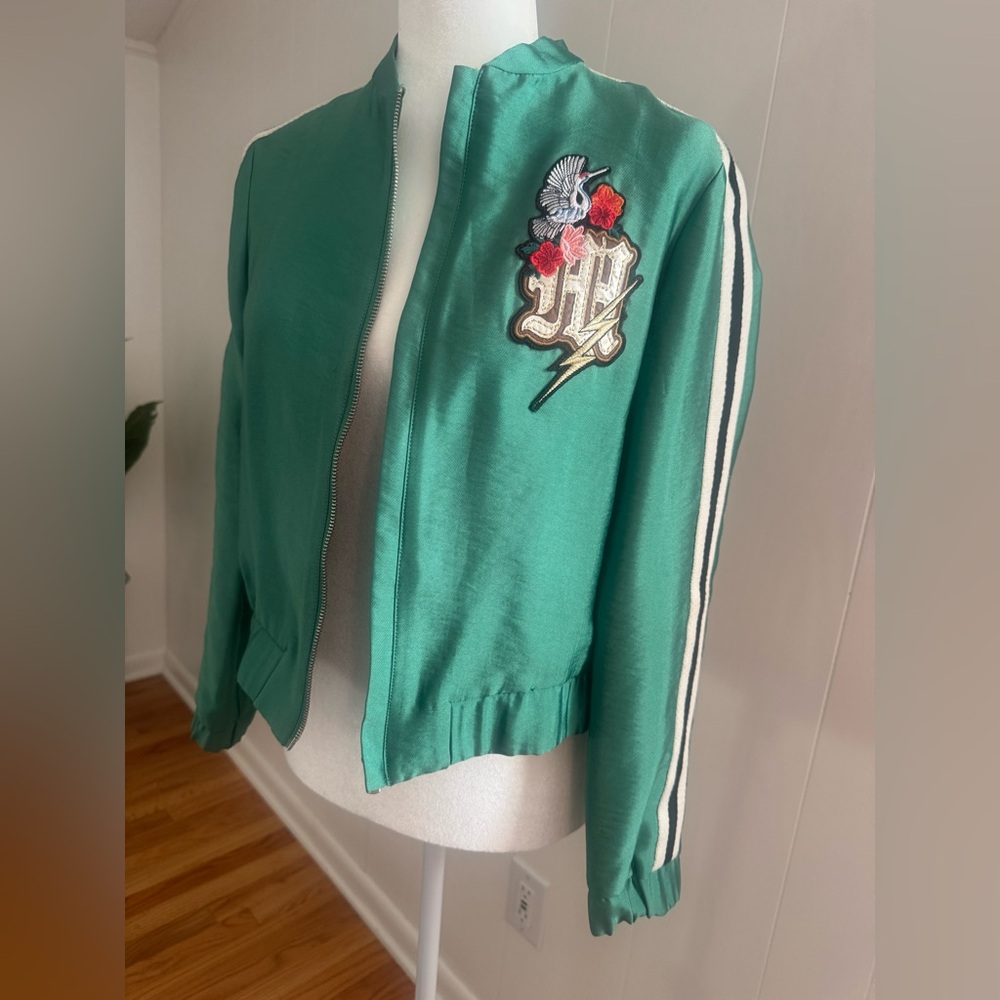 Maje Green Satin Bomber Jacket with Embroidered Crest